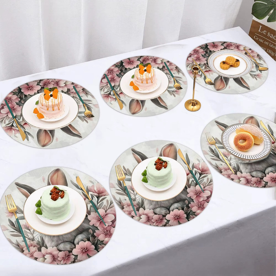 VIKAMA Runde Esstischmatte aus Leinen mit Ostern-Kaninchen und Blumen-Design, rutschfest, Mehrfarbig, Durchmesser: 38 cm - Bild 1