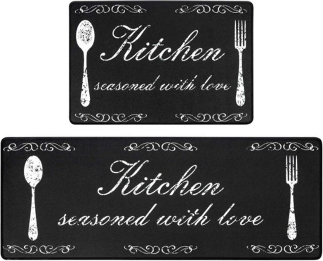 Karpetti Küchen-Langteppich mit Messer und Gabel Motiv, rutschfester und waschbarer Teppich für Küche und Flur, Farbe: Schwarz, Breite: 40 cm, Länge: 60 cm - Bild 1