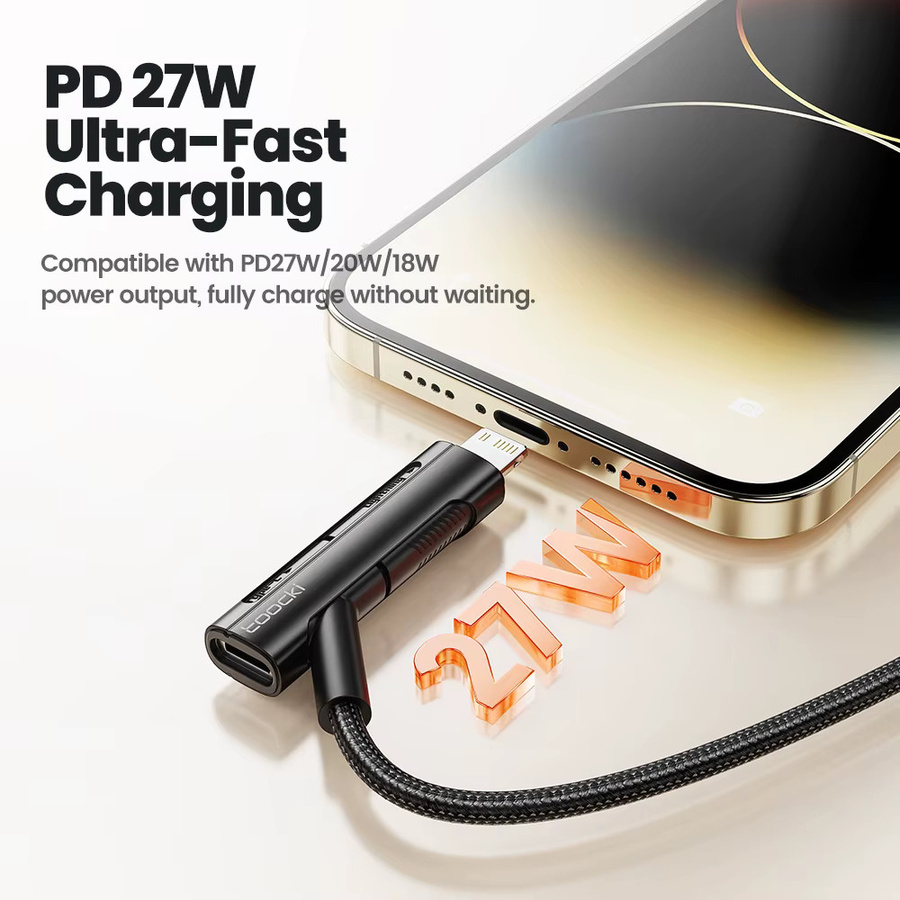 Toocki 2-in-1 USB-C auf Lightning Ladekabel mit OTG-Adapter, PD 60W Schnellladekabel für iPhone und Android, Schwarz - Bild 3