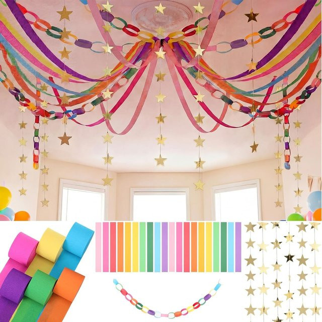 DIY Regenbogen-Papierketten-Girlande aus Bastelpapier mit Sternen und geometrischen Formen in Multicolour und Gold für Geburtstag und Dekoration - Bild 1