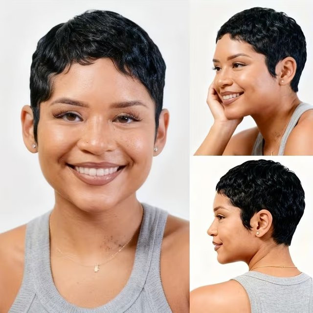 OYM HAIR Pixie-Wellen Echthaar-Perücke, Schwarz, Damen, 15,2 cm - Bild 1