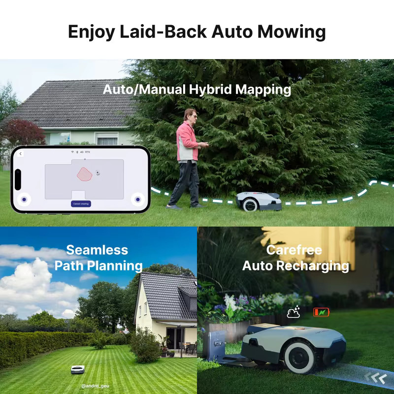 ANTHBOT Genie 600E KI-gesteuerter kabelloser Roboter-Rasenmäher mit RTK, 4-Kamera-Vision und 900 m² Kapazität via 4G, WLAN und Bluetooth - Bild 3
