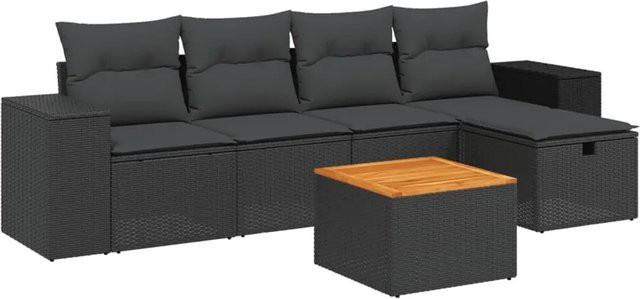 vidaXL 6-tlg Garten-Sofagarnitur aus Poly-Rattan und Akazienholz in Schwarz mit Kissen Modell 166 - Bild 1
