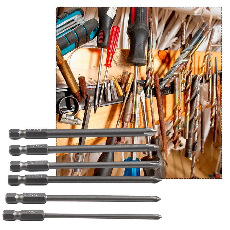 VIBRATITE 6er Set Magnetische Schraubendreher-Bits aus Stahl mit 1/4 Zoll Schaft und 100 mm Länge, Hex und Kreuzkopf - Bild 3