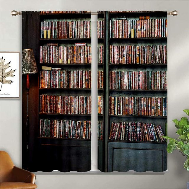 2er-Set Yiran Furniture Vorhänge im Vintage-Design mit Bücherregal-Print, halbtransparent, Polyester, Mehrfarbig, Breite: 50 cm, Höhe: 140 cm - Bild 1