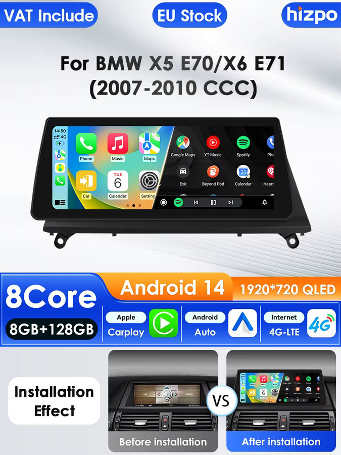 Hizpo Android 14 Autoradio mit Carplay und 4G für BMW X5 E70 X6 E71 CCC CIC, Schwarz, mit GPS und Cellular-Funktion - Bild 6