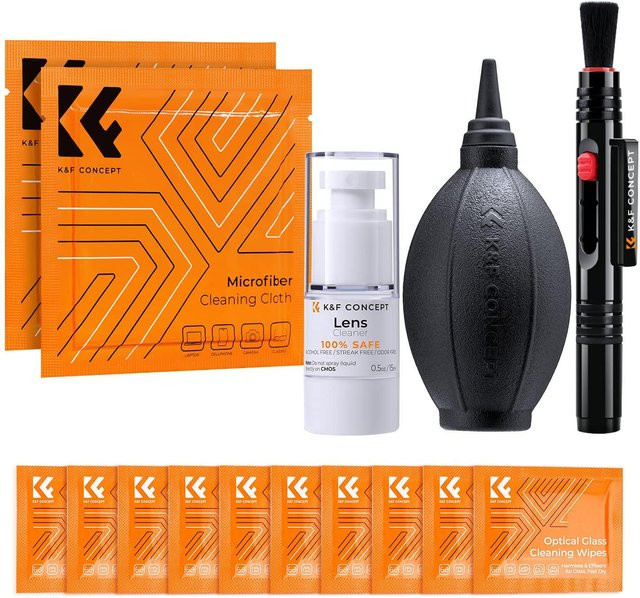 K&F 15-in-1 Kamerareinigungskit in Orange mit 15 ml Objektiv- und Reinigungsflüssigkeit, Reiniger, Tuch, Stift und Blasebalg - Bild 1