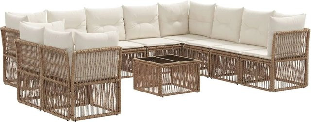 vidaXL Gartensofa-Set 11-tlg. in U-Form aus Poly-Rattan und pulverbeschichtetem Stahl, Beige mit Polstern und Kissen - Bild 1