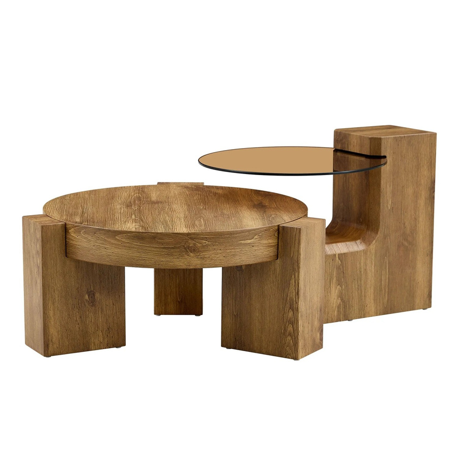 okwish Beistelltisch mit zwei Ebenen und Glasplatte in Marmoroptik, Braun, B/T/H: 78 x 75 x 34 cm - Bild 2