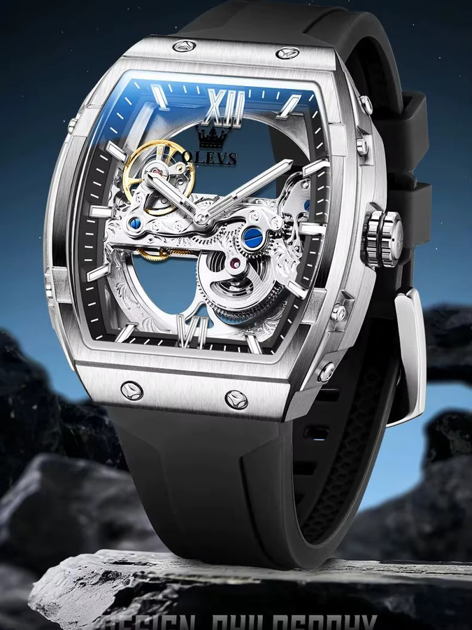 OLEVS Armbanduhr, Automatik, Skelett, Silikonarmband, Silber, Herren - Bild 7