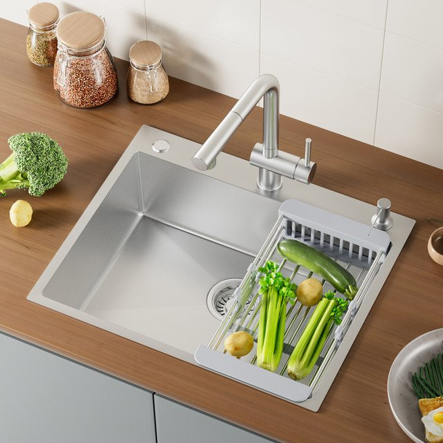 CECIPA max Einbauspüle aus Edelstahl 304 in Silber mit Seifenspender, ausziehbarem Abtropfkorb und Siphon Set, Nano Wabenstruktur, B/T: 60 x 49 cm - Bild 1