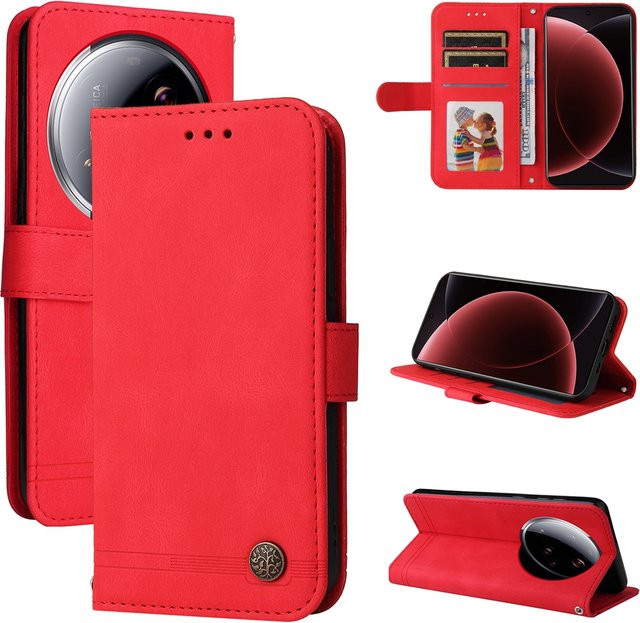 Magnetische Leder-Brieftaschenhülle für Xiaomi in Rot, Premium 3D-Baumkoffer Flip-Case - Bild 1
