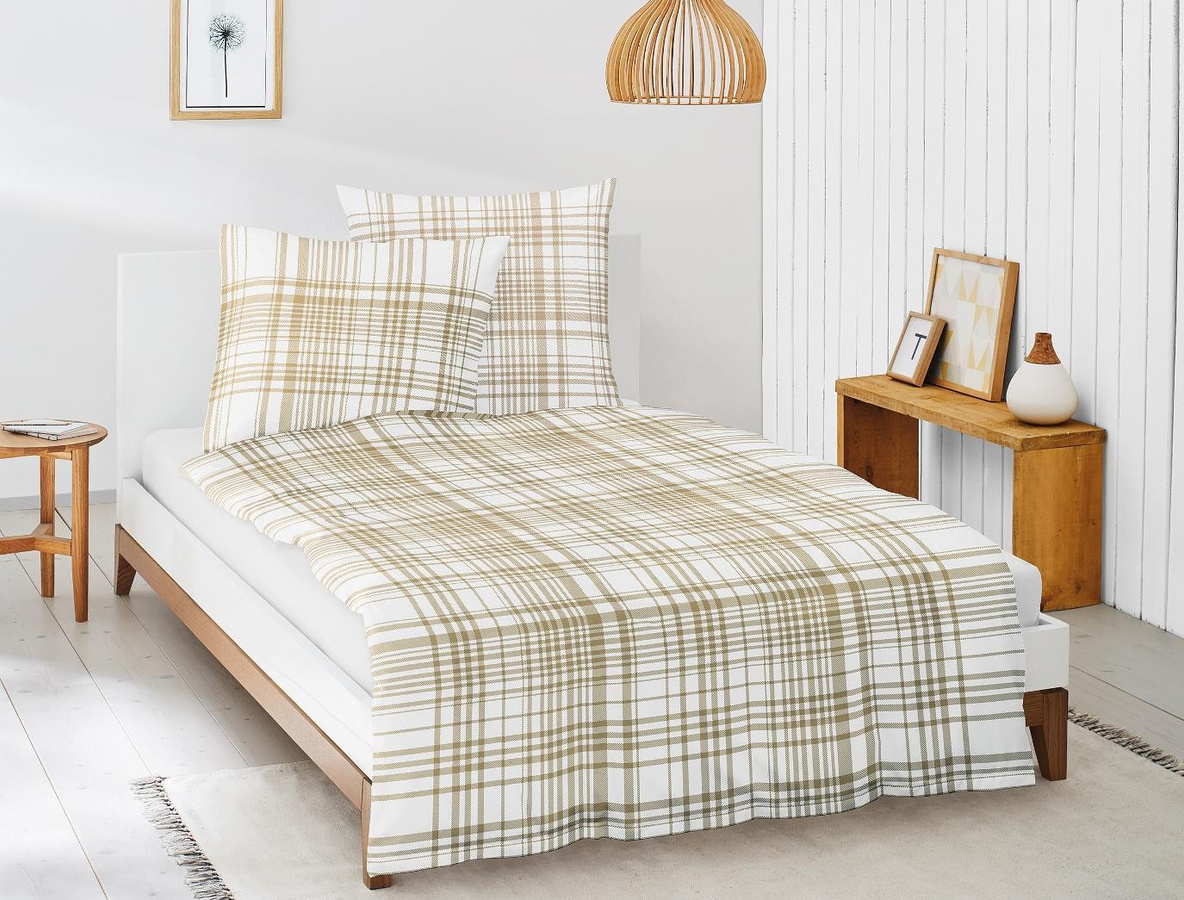 Irisette EOS Mako-Satin Bettwäsche aus Baumwolle mit Karo-Design in Gold und Weiß, B/H: 155 x 220 cm mit Kissenbezug 80 x 80 cm - Bild 1