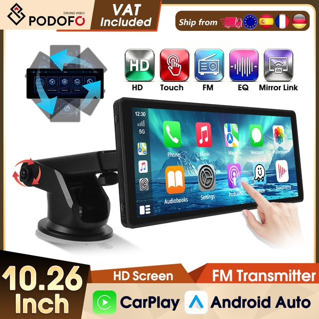 Podofo Carplay Android Auto Autoradio mit 10,26 Zoll Display, kabellos und kabelgebunden, FM-Transmitter, Bluetooth und AirPlay, Schwarz - Bild 1