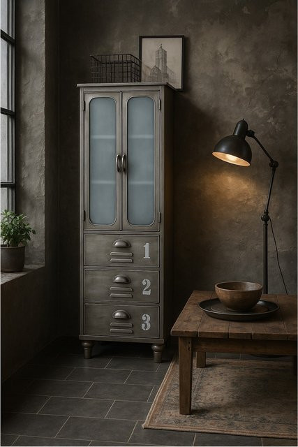 Metallschrank Konstantin von Möbel direkt online in Metallgrau mit Glastüren und Regalböden im Industrie-Look - Bild 1