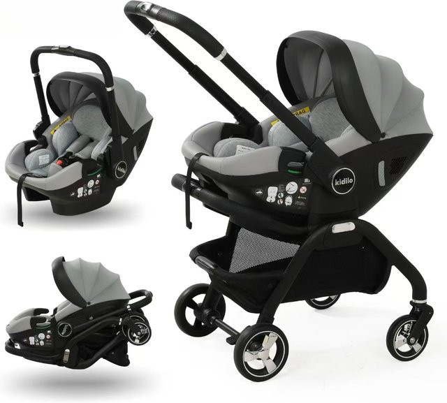 Kidilo 3-in-1 Kinderwagen mit Baby-Sicherheitssitz und Schlafkorb für Neugeborene in Schwarz - Bild 1