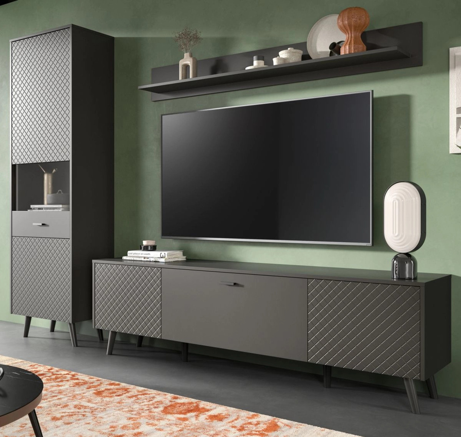 Wohnwand Madea von Inn.Furn in Grau Matt mit Vitrine und Lowboard, Breite: 258 cm - Bild 1