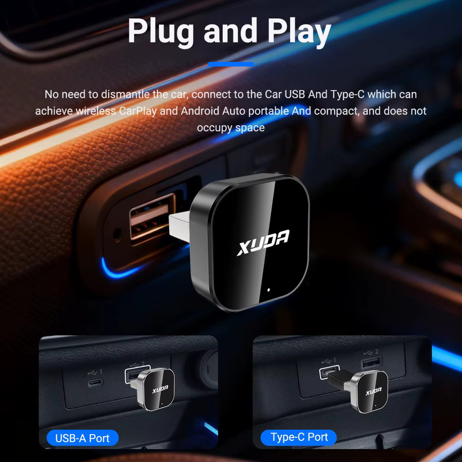 XUDA 2-in-1 Kabelloser CarPlay und Android Auto Adapter, 5GHz WLAN, USB-C und USB, Schwarz - Bild 4