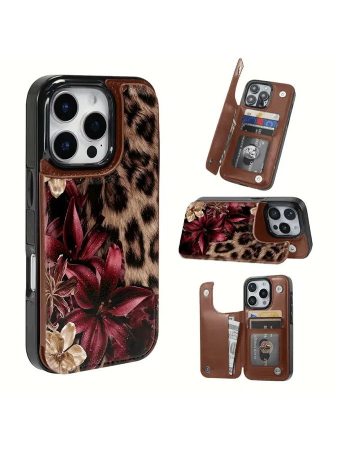Handyhülle im Portemonnaie-Stil mit Leopardenmuster für Apple iPhone 12 bis 17 Pro Max Serie in Schwarz und Multicolour - Bild 3