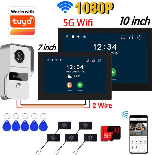 AJXML WLAN-Video-Türklingel-System mit HD 1080P Kamera, 7/10 Zoll Touch-Monitor und Tuya Smart Life App Unterstützung, Schwarz - Bild 1