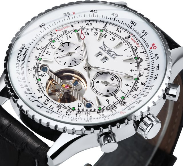 JARAGAR Herrenuhr Automatik, Edelstahl, Lederarmband, Weiß - Bild 1