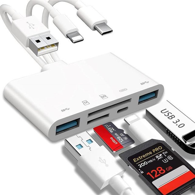 Kebidumei 5-in-1 SD TF Speicherkartenleser und USB-OTG-Adapter mit USB Typ C und Lightning, Weiß - Bild 1