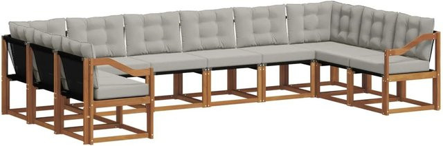 vidaXL Outdoor-Sofagarnitur in U-Form aus Akazienholz mit Textilene und Kissen, 10-teilig, Natur und Hellgrau - Bild 1