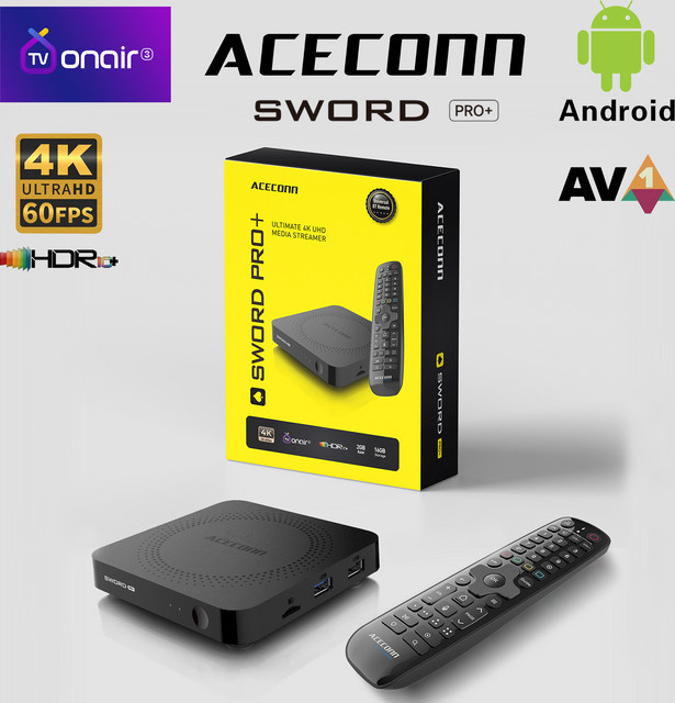 ACECONN Sword Pro+ Android IPTV TV Box in Schwarz mit 4K UHD, Dual WLAN, Bluetooth und Sprachfernbedienung - Bild 1