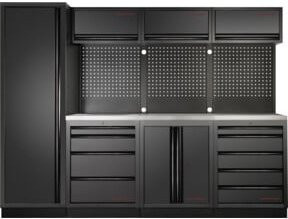 Kraftwerk 4-Element-Schrankwand mit Vierkantlochwand und rostfreier Arbeitsplatte, Schwarz, Länge: 264 cm - Bild 1