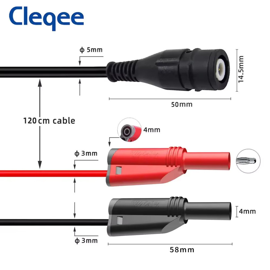 Cleqee P1204 Oszilloskop-Messleitung mit RG58-Koaxialkabel, Sicherheits-BNC-Stecker auf zwei stapelbare 4-mm-Bananenstecker, Länge: 120 cm - Bild 3