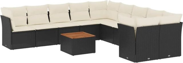 vidaXL 11-tlg Garten-Sofagarnitur aus Poly-Rattan und Akazienholz in Schwarz mit Kissen - Bild 1