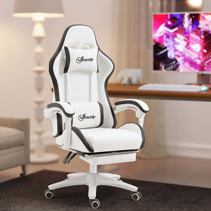 Vinsetto Gaming-Stuhl ergonomisch in Weiß und Schwarz mit teleskopischer Fußstütze, 135 Grad neigbarer Rückenlehne, verstellbarer Kopfstütze und Lendenwirbelstütze, 360 Grad drehbarer Bürostuhl aus Kunstleder - Bild 2