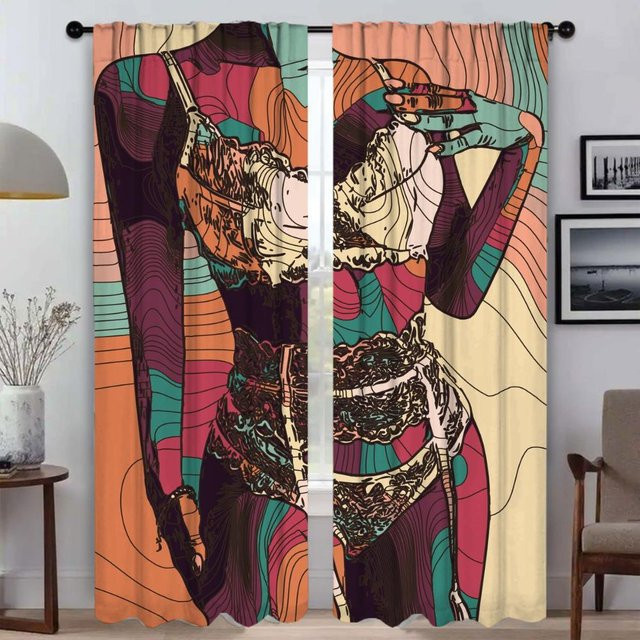 2er-Set Küchenvorhänge mit abstraktem Grafikdesign aus Tüll, halbtransparent, Mehrfarbig, Breite: 50 cm, Höhe: 70 cm - Bild 1