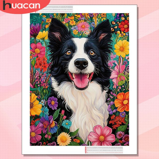 HUACAN 5D Diamant-Malerei-Set mit floralem Hunde-Motiv und Rosenblüten, Diamant-Mosaik-Kit in Multicolour für die Tischdekoration - Bild 1