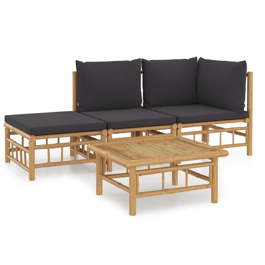 vidaXL 4-tlg Garten-Lounge-Set aus Bambus mit dunkelgrauen Polsterkissen in L-Form - Bild 2