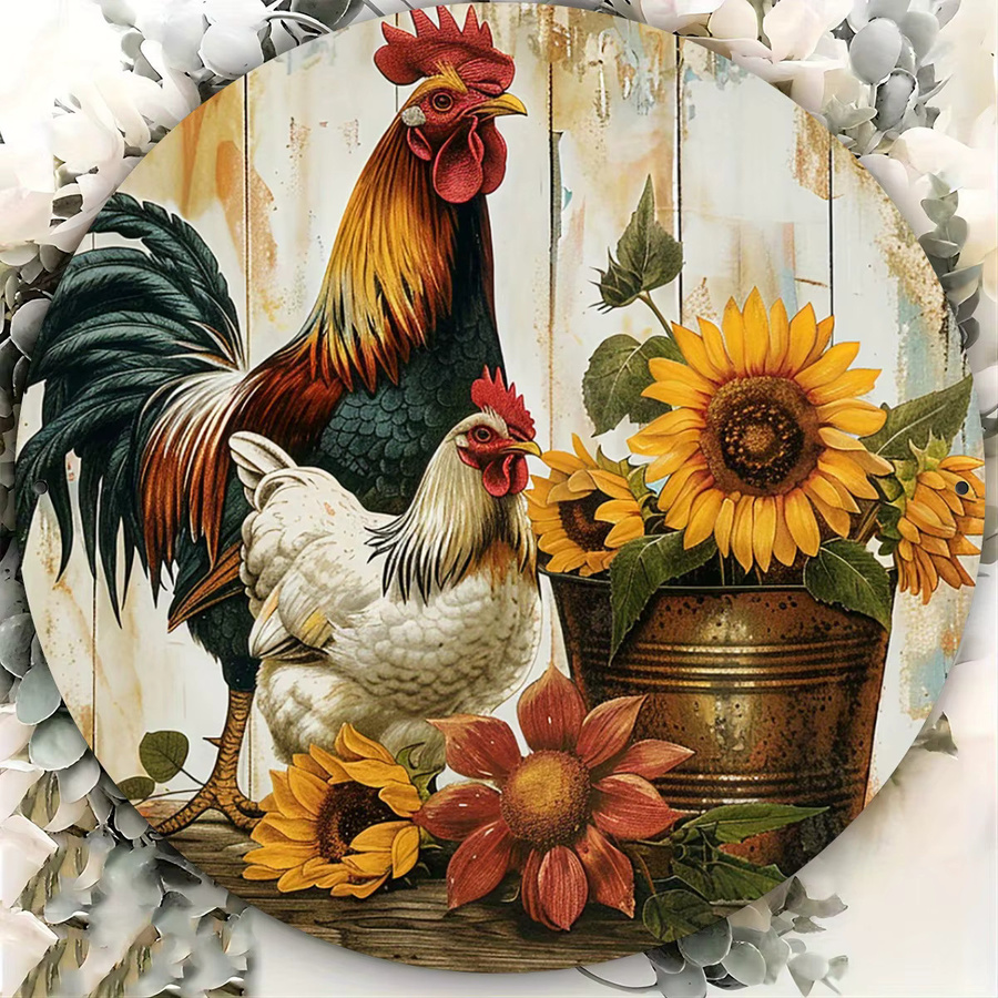 HELLOYOUNG Vintage Farmhouse Wandkunst aus Metall mit Hahn und Sonnenblumen, rund, Mehrfarbig, Durchmesser: 20 cm - Bild 4