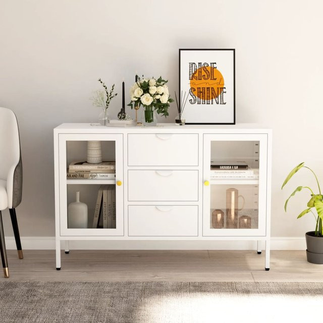 vidaXL Sideboard Weiß aus Stahl und Glas B/T/H: 105 x 35 x 70 cm - Bild 2