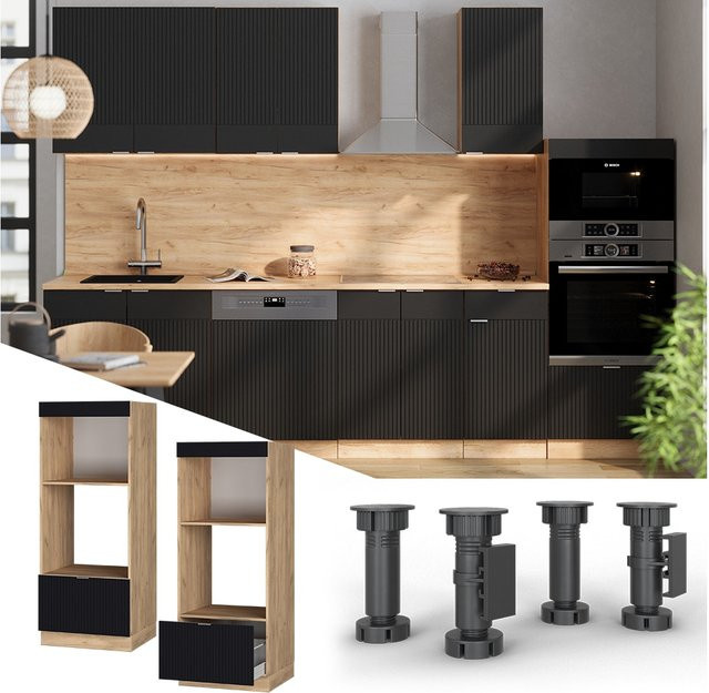 Vicco Mikrowellenschrank Fame-Line in Eiche und Schwarz gestreift mit Schublade und Soft-Close-Türen, Breite: 60 cm - Bild 1