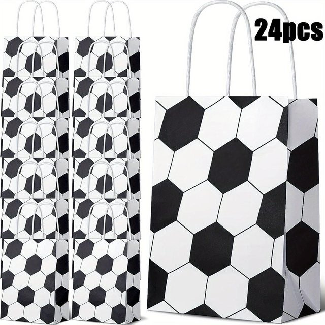 24 Stück Papier-Gastgeschenkttüten im Fußball-Design mit Henkeln, weiße Kraft-Geschenkverpackung für Sportgeburtstage und Team-Events - Bild 1