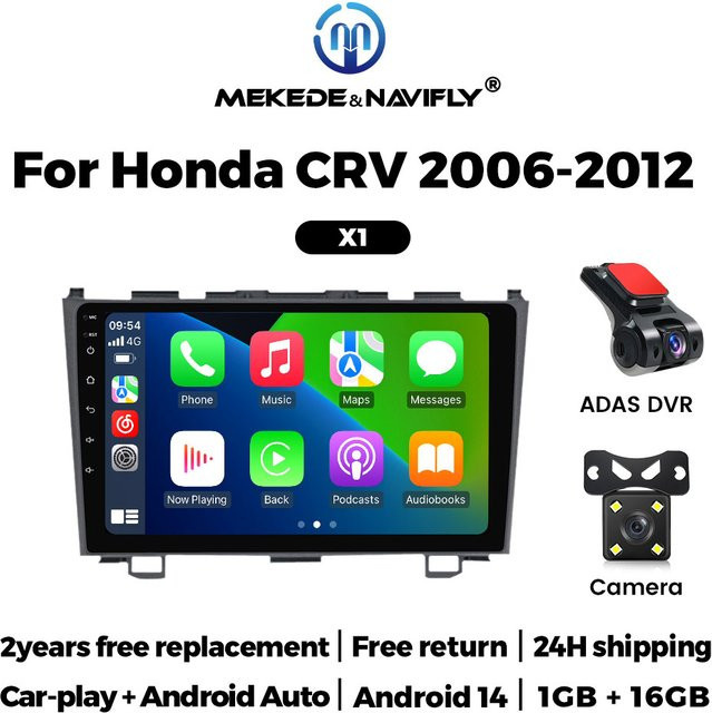 NaviTree Android 14 Autoradio mit CarPlay, Bluetooth und Multimedia-Player für Honda CR-V 2006–2012, Schwarz - Bild 1