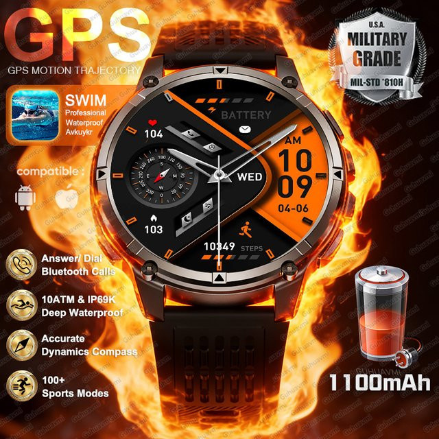 GUHUAVMI GPS Militär Smartwatch mit AMOLED-Display in Schwarz und 1100 mAh Akku für 120 Tage Laufzeit sowie 100 m Freitauchen - Bild 1