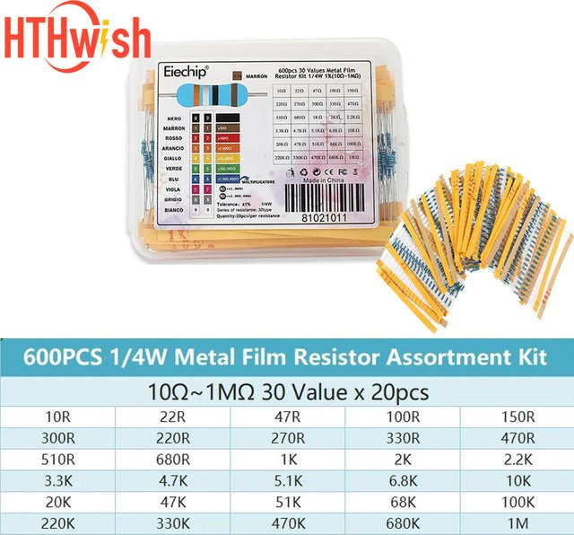 600-teiliges Metallfilm-Widerstand-Set mit 30 Werten von 10 Ohm bis 1 Megaohm, 0,25 W, Toleranz 1%, Multicolor - Bild 1