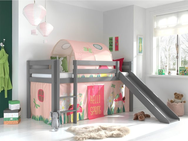 Spielbett Pino aus Kiefernholz mit Rutsche, Textilset inklusive Vorhang und Tunnel, Grau - Bild 1