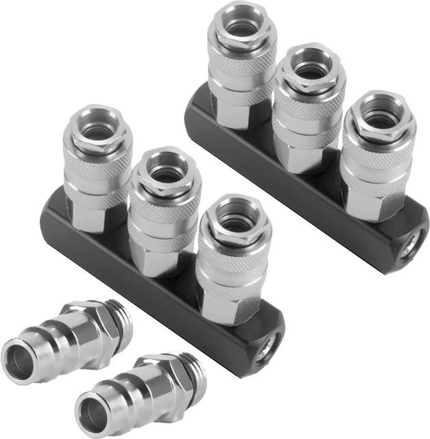 STAHLWERK 3-fach Druckluft-Verteiler mit Schnellkupplung 1/4 Zoll aus Messing, Farbe: Silber, 2er Set - Bild 1