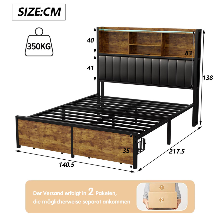 Anajqaqia Doppelbett im Industriestil aus Metall und Holz mit LED-Beleuchtung, 2 Schubladen und Stauraum im Kopfteil, Schwarz, B/T/H: 140 x 200 cm - Bild 2