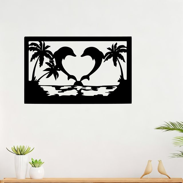 CIFBUY Delfin-Herz Wandkunst aus Metall in Schwarz als rostbeständige Eisenskulptur für Wohnzimmer und Garten - Bild 1