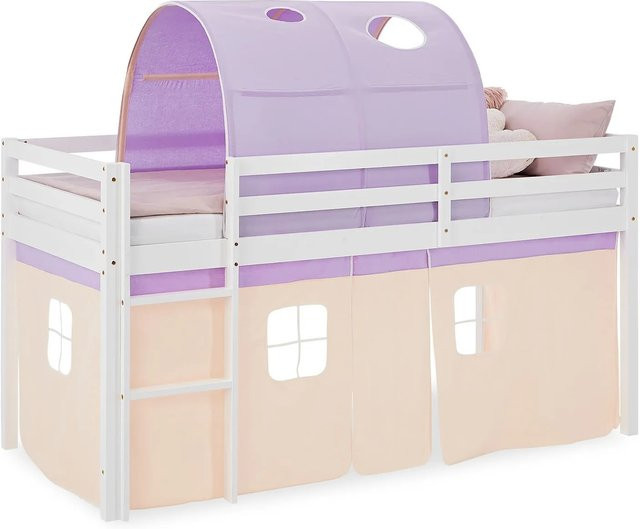 Homestyle4u Kinder Hochbett aus Kiefernholz mit Tunnel Vorhang in Lila und Orange, B/T/H: 90 x 200 x 165 cm - Bild 1