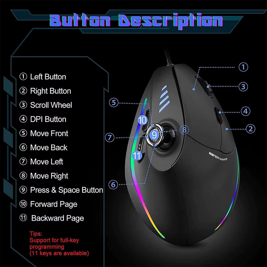 JOMAA Vertikale Gaming-Maus mit Kabel, Ergonomische Maus mit Joystick, RGB-Hintergrundbeleuchtung und 11 programmierbaren Tasten, Schwarz - Bild 2
