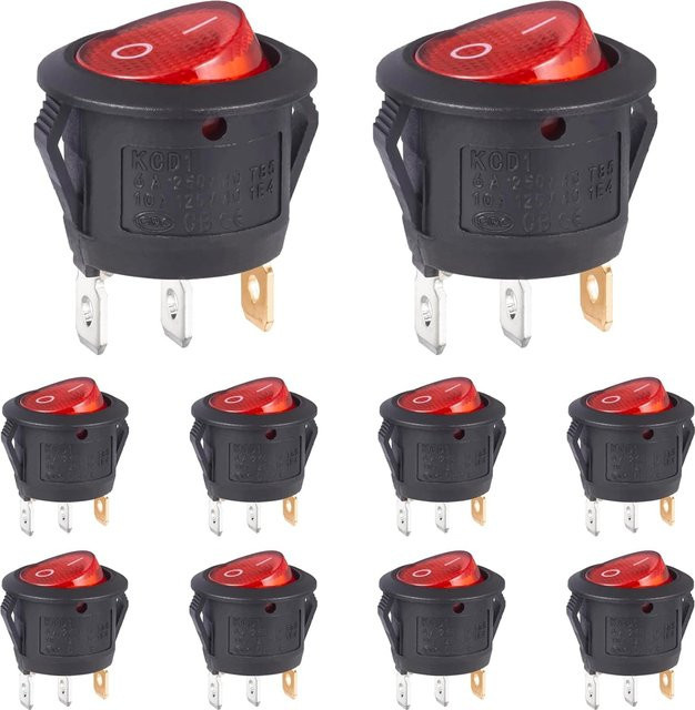 AOKIN 10 Stück runde beleuchtete Wippschalter KCD1, 3-polig, Ein-Aus, rotes Licht, 125V 10A / 250V 6A - Bild 1