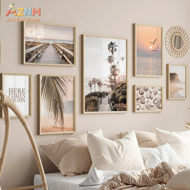 AZNM Boho Coastal Beach Leinwand-Wandkunst mit Palmen und Sonnenuntergang, Mehrfarbiges Meereslandschaft Poster für dein Zuhause - Bild 1
